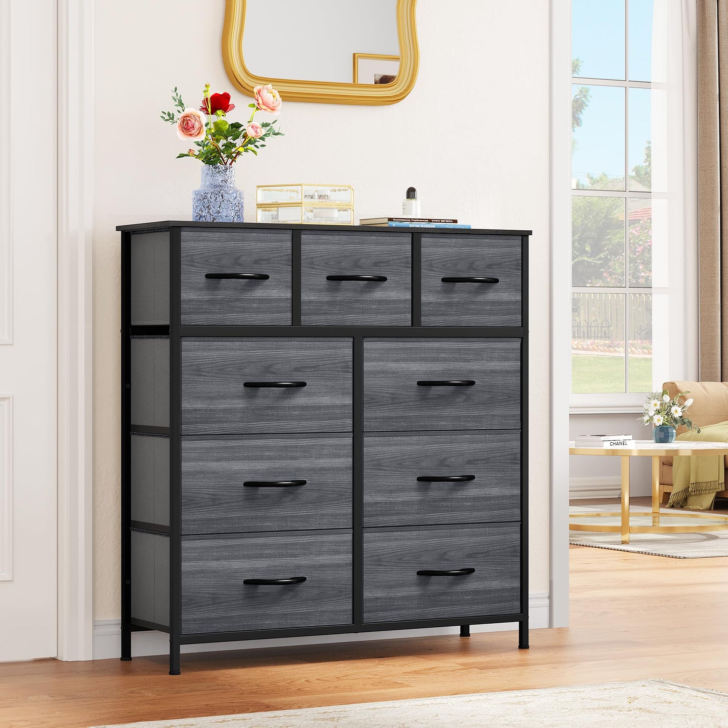 DWVO Dresser with 9 Drawers - Fabric Storage Tower, Organizer Unit for Living Room, Hallway, Closets - Sturdy Steel Frame, Wooden Top & Easy Pull Fabric Bins