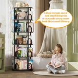 Aheaplus 5 Tier Rotating Bookshelf Tower, 360 Display Spinning Bookcase, Revolving Round Book Shelf Narrow Swivel Bookshelf, Vertical Turning Corner Book Organizer for Small Space, Black Oak Aheaplus