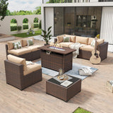 Aoxun 8 Piece Patio Furniture Set with 44” Fire Pit Table Wicker Rattan Outdoor Sectional Sofa Set with Coffee Table and Thickened Cushions, Beige (Waterproof Cover Included) Aoxun