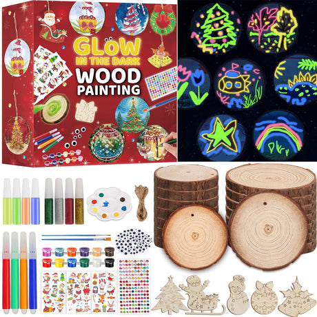 Kids Wooden Painting Craft Kit, Glow In The Dark Arts and Crafts For Kids Ages 8-12, Natural Wood Slice Ornament Kit, Party Home Decor, DIY Art Toys Creative Gift for 8 9 10 11 12 Years Old Boys Girls Comkrivy