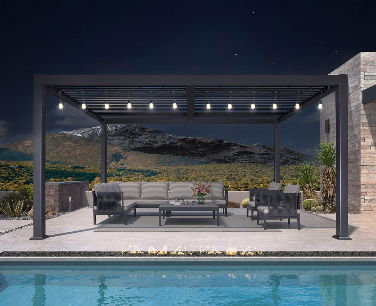 PURPLE LEAF Louvered Pergola with String Lights 9' x 14' Patio Aluminum Pergola with Independent Adjustable Rainproof Roof Hardtop Pergola for Outdoor Deck Garden Yard PURPLE LEAF