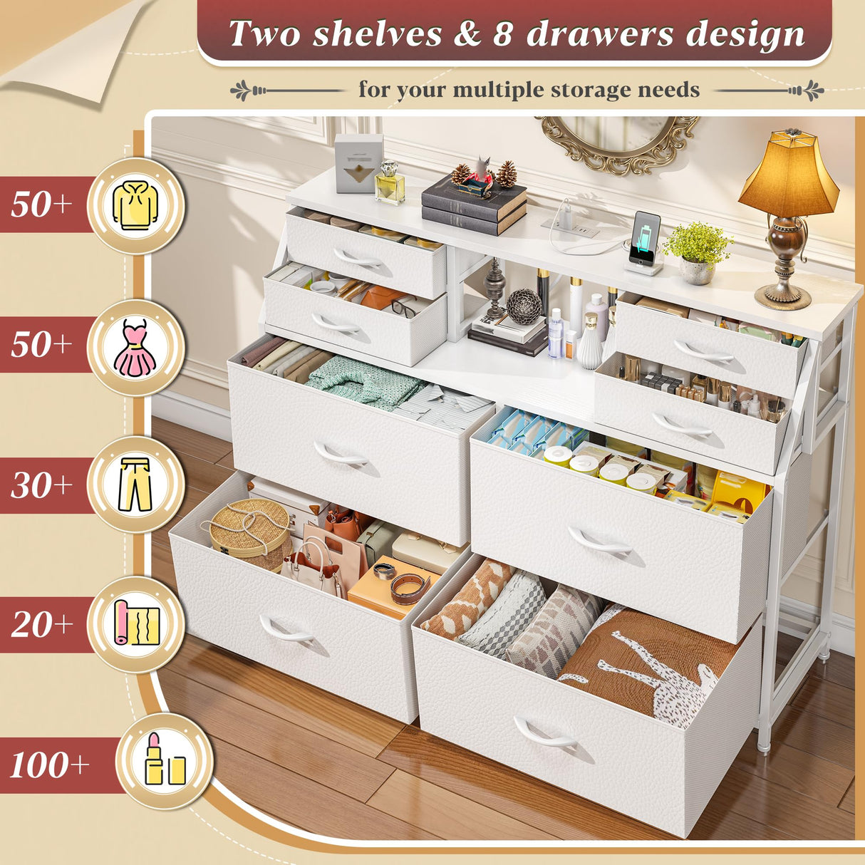 Romorgniz Dresser for Bedroom with Charging Station and LED, Sturdy Chest of Drawers with 8 Drawers and Two Open Shelves for Storage,Bedroom, Living Room,Hallway (White) Romorgniz