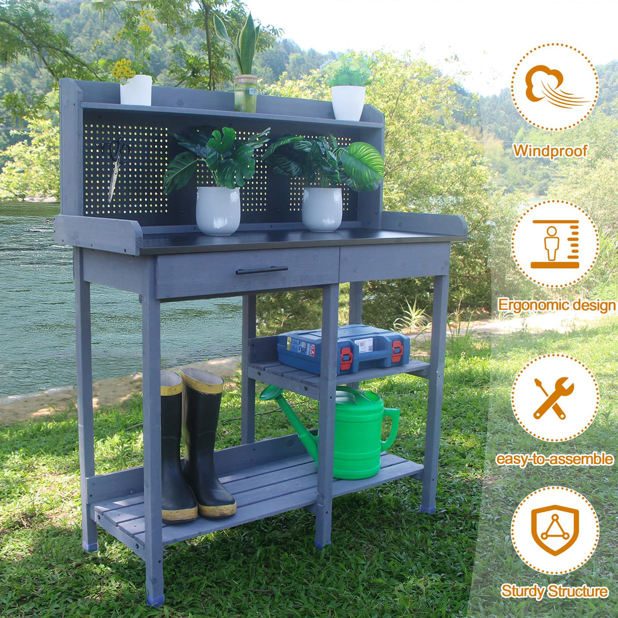 Outdoor Potting Bench Table,Garden Work Bench Metal Tabletop Horticulture with Shelf Rack Wooden Potting Benches for Outside with Holey Board/Hooks/Pads/Drawer/Adjustable and Cabinet,Gray Agitree