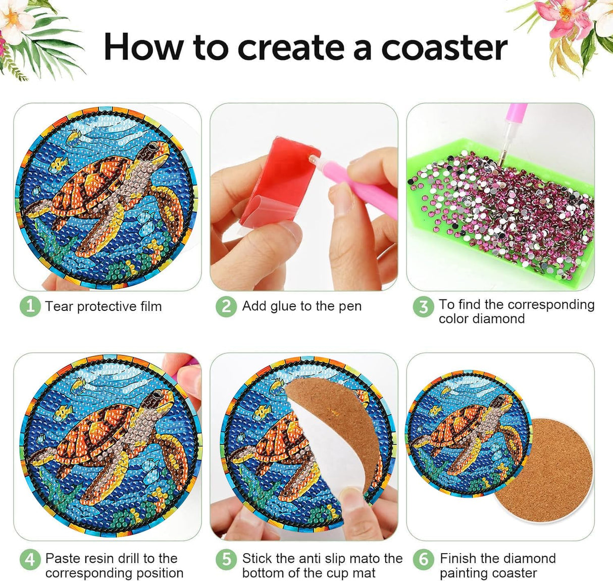 mrpwnle 8 Pack Turtle Diamond Art Coasters Kits, Sea Turtle Diamond Painting Coasters Kits Set with Holder Cork Pads, DIY Diamonds Art Non Slip Coaster Crafts Supplies Kit mrpwnle