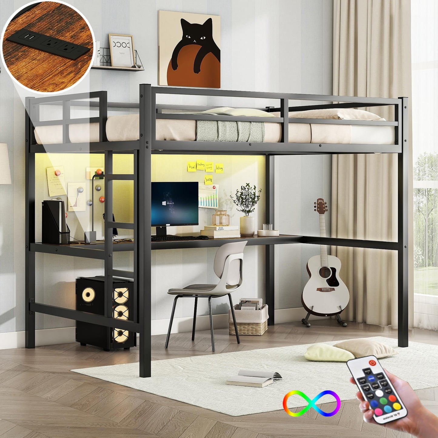 Anwick Full Size Metal Loft Bed with Desk, LED Lights, Charging Station, Safety Guard, and Ladder, Space-Saving and Noise-Free Design, No Box Spring Needed