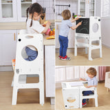 Foldable 4-in-1 Study Tower with Chalkboard for Learning, Montessori Kitchen Step Stool Toddlers Folding Stool for Kids 1-6years Ideal Helper (White) FANABAS
