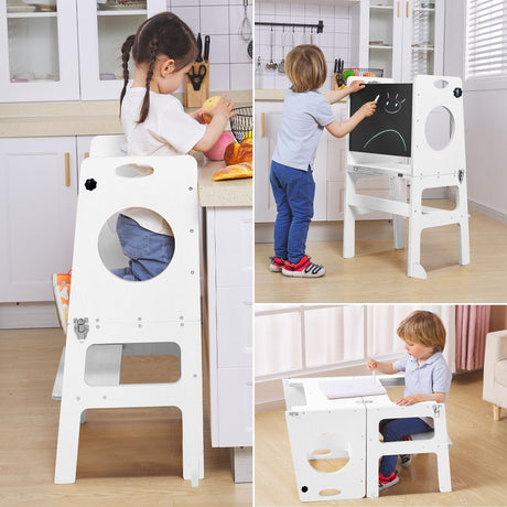 Foldable 4-in-1 Study Tower with Chalkboard for Learning, Montessori Kitchen Step Stool Toddlers Folding Stool for Kids 1-6years Ideal Helper (White) FANABAS