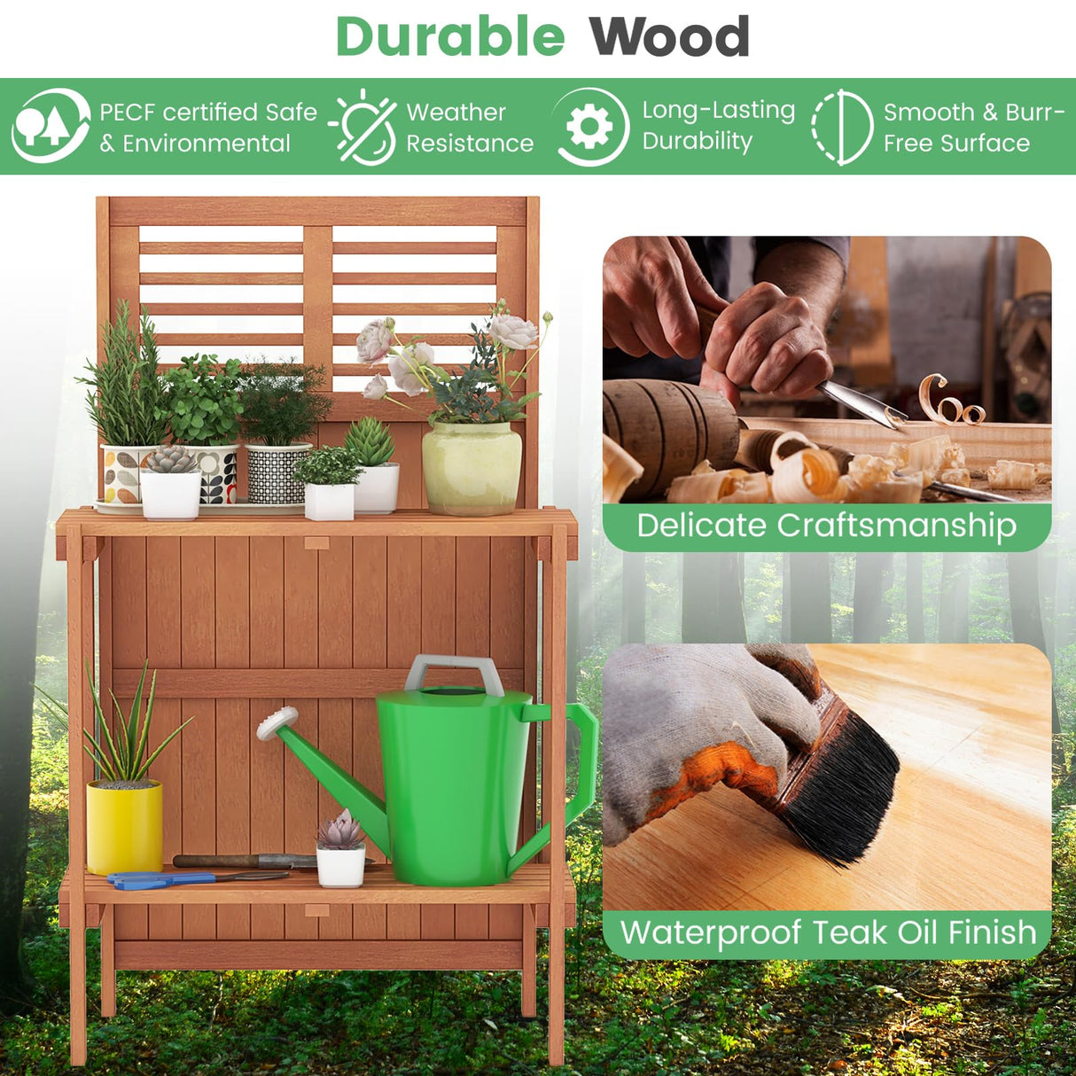 Toolsempire Garden Potting Bench Table, Folding Potting Bench Outdoor Workstation with Trellis & 2-Tier Shelves, Wood Potting Table for Outdoor, Deck, Balcony, Garden, Backyard Toolsempire