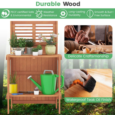 Toolsempire Garden Potting Bench Table, Folding Potting Bench Outdoor Workstation with Trellis & 2-Tier Shelves, Wood Potting Table for Outdoor, Deck, Balcony, Garden, Backyard Toolsempire