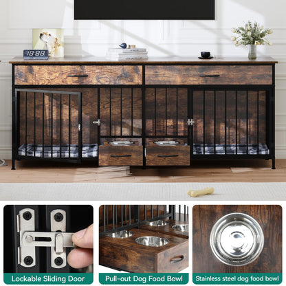 DWVO Double Dog Crate TV Stand with Dog Feeder, 74.8" Wooden Large Dog Kennel with Storage, Double Dog Crate Furniture for 2 Small Medium Dogs, Brown