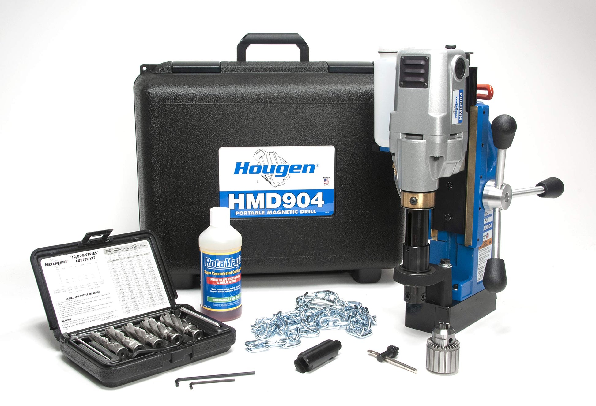 Hougen HMD904 115 Volt Magnetic Drill With Coolant Bottle Plus 1/2" Drill Chuck, Adapter and 12002 Rotabroach Cutter Kit - WoodArtSupply