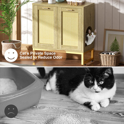 Halitaa Cat Litter Box Enclosure, Hidden Litter Box Furniture with Rattan Door,Cat Washroom Furniture with Metal Frame, Cat House End Table,Natural - WoodArtSupply