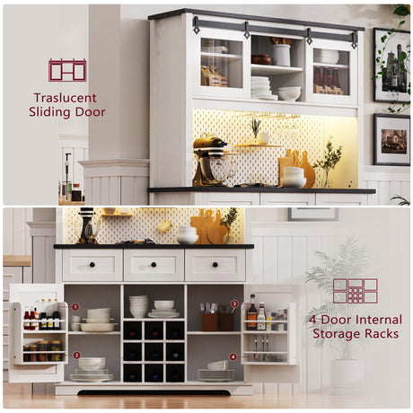 Amposei Farmhouse Kitchen Pantry Storage Cabinet 71-Inch Tall Hutch Cabinet with Microwave Stand, 3 Drawers, Power Outlet, Pegboard, Wine Racks, LED Light Rustic Coffee Bar Station, White Oak Amposei