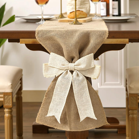 MelonBoat Farmhouse Table Runner: 72 Inch Bohemian Burlap Table Runner Collection, White Bow-Tied Boho Table Decor, Rustic Christmas Table Decoration for Xmas Home Decor Banquet Wedding Decor MelonBoat