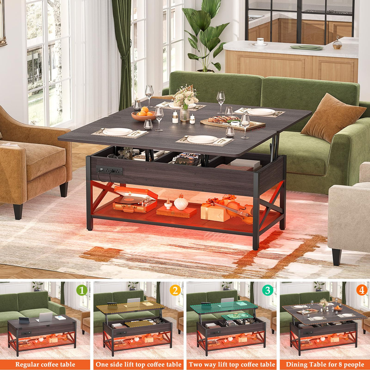 Aheaplus Coffee Table Lift Top Multi-Function Coffee Table Converts to Dining Table, with LED Light and Power Outlet, Center Table with Shelves for Living Room Reception Home Office,-S2, Espresso Aheaplus