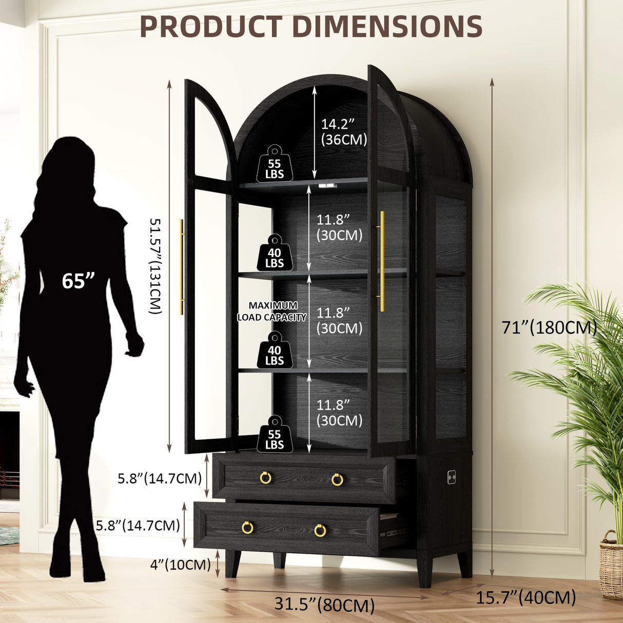 Vlsrka 71" Arched Display Cabinet with Glass Doors, 4-Tier Curio Cabinet with 3 Color Lights for Collectibles, Glass Display Case with Human Body Sensor, Display Shelf with 2 Drawers, Black Vlsrka