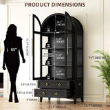 Vlsrka 71" Arched Display Cabinet with Glass Doors, 4-Tier Curio Cabinet with 3 Color Lights for Collectibles, Glass Display Case with Human Body Sensor, Display Shelf with 2 Drawers, Black Vlsrka