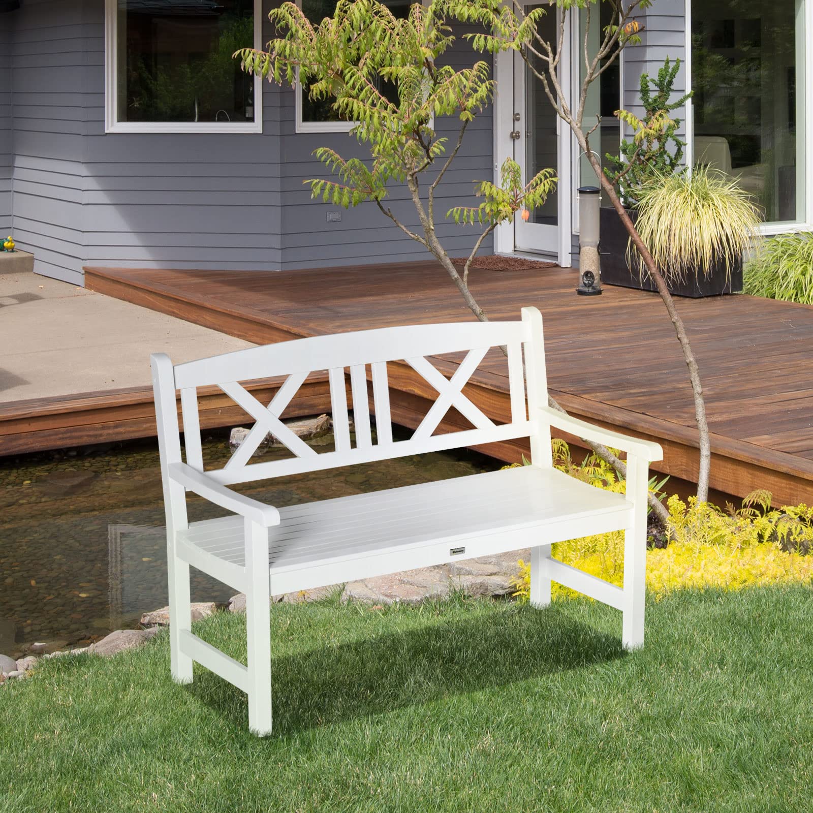 Outsunny White Rustic Wooden Garden Bench for Two with Backrest and Armrests - WoodArtSupply