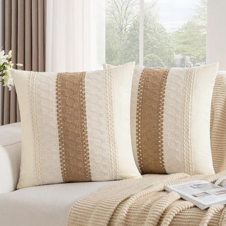 DBoer Brown Boho Cotton Throw Pillow Covers 18x18 Inch Rustic Farmhouse Decorative Pillowcases Retro Macrame Woven Square Cushion Cases for Sofa Couch Bed Living Room Home Decor Set of 2 DBoer