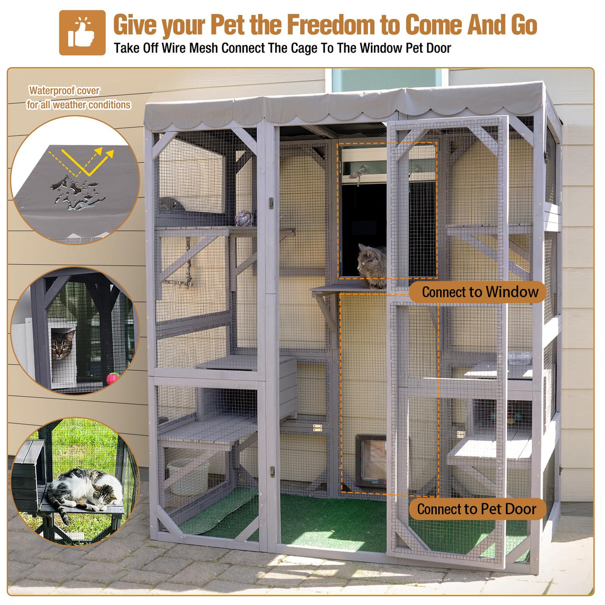 Large Catio Outdoor Cat Enclosure with Condos, Wood Catio Walk in Cat House, Kitty Shelter Indoor with Waterproof Roof Suumerpety