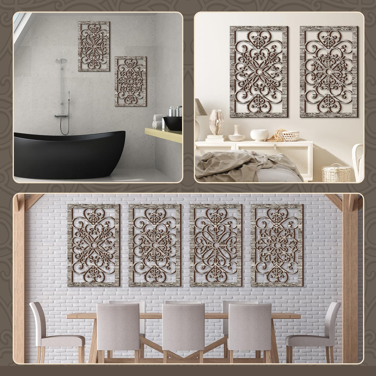 Yulejo 4 Pcs Thicken Rustic Wall Decor Modern Farmhouse Wall Art Decor Wooden Hollow Carved Design Rustic Wall Art for Living Room Hallway Decor Office Kitchen Wall (Gray,15.8 x 9.9 Inch) Yulejo