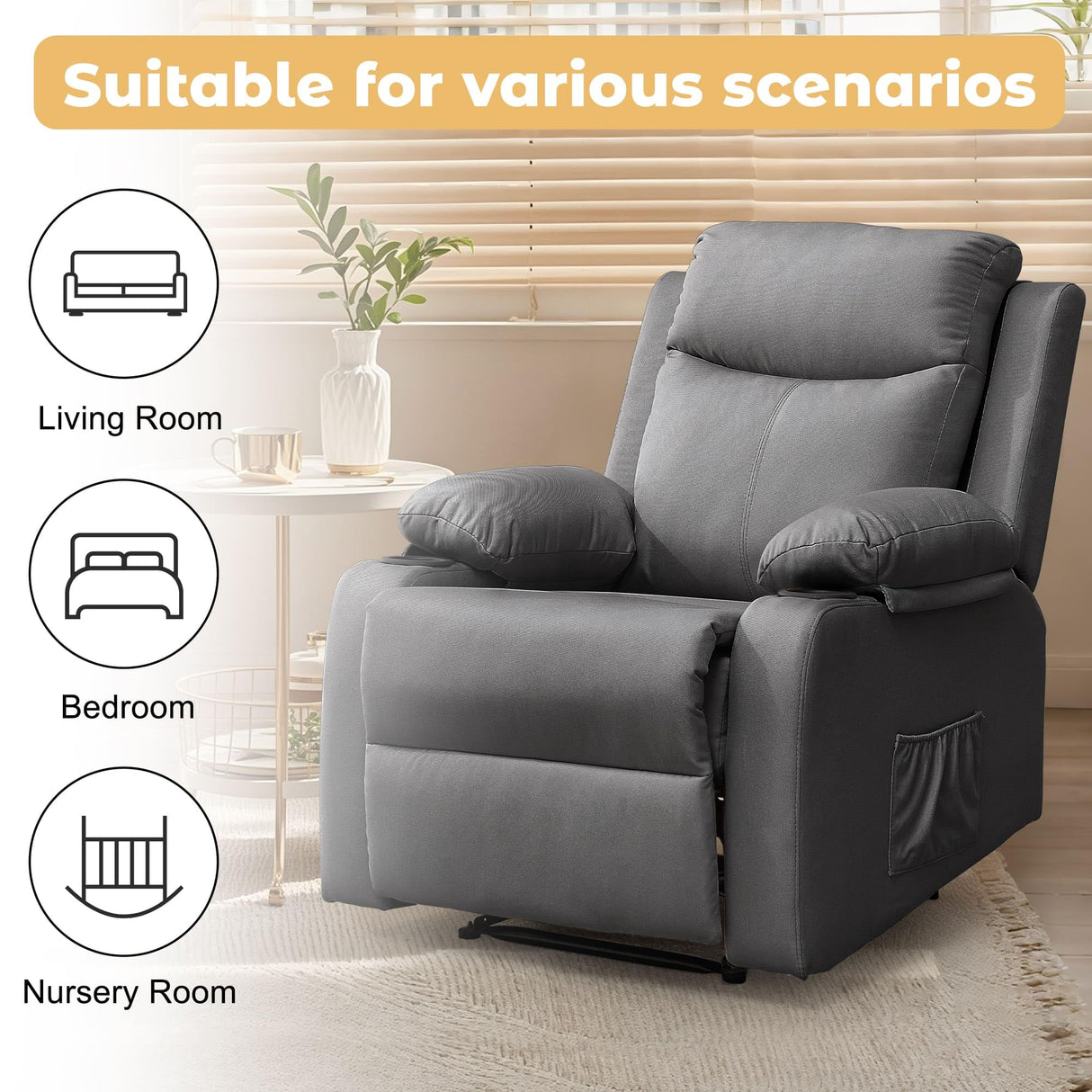 Korser Recliner Chair, Small Recliners for Small Spaces, Manual Recliner with Cup Holders and Side Pockets, Reclining Chair, Chairs for Living Room, Bedroom, Nursery, Darkgrey Korser