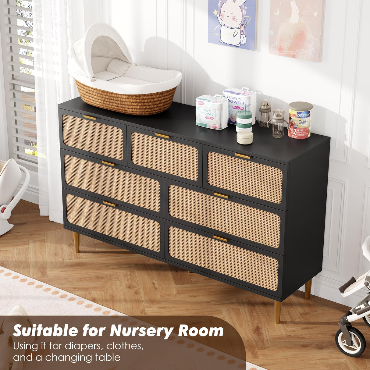 GarveeHome Rattan 7 Drawer Dressers for Bedroom, Tall Dresser with Deep Drawers, Large Chest of Drawers for Closet with Wide Top, Long Wooden Dresser for Living Room, Hallway, Kids Room, Black GarveeHome