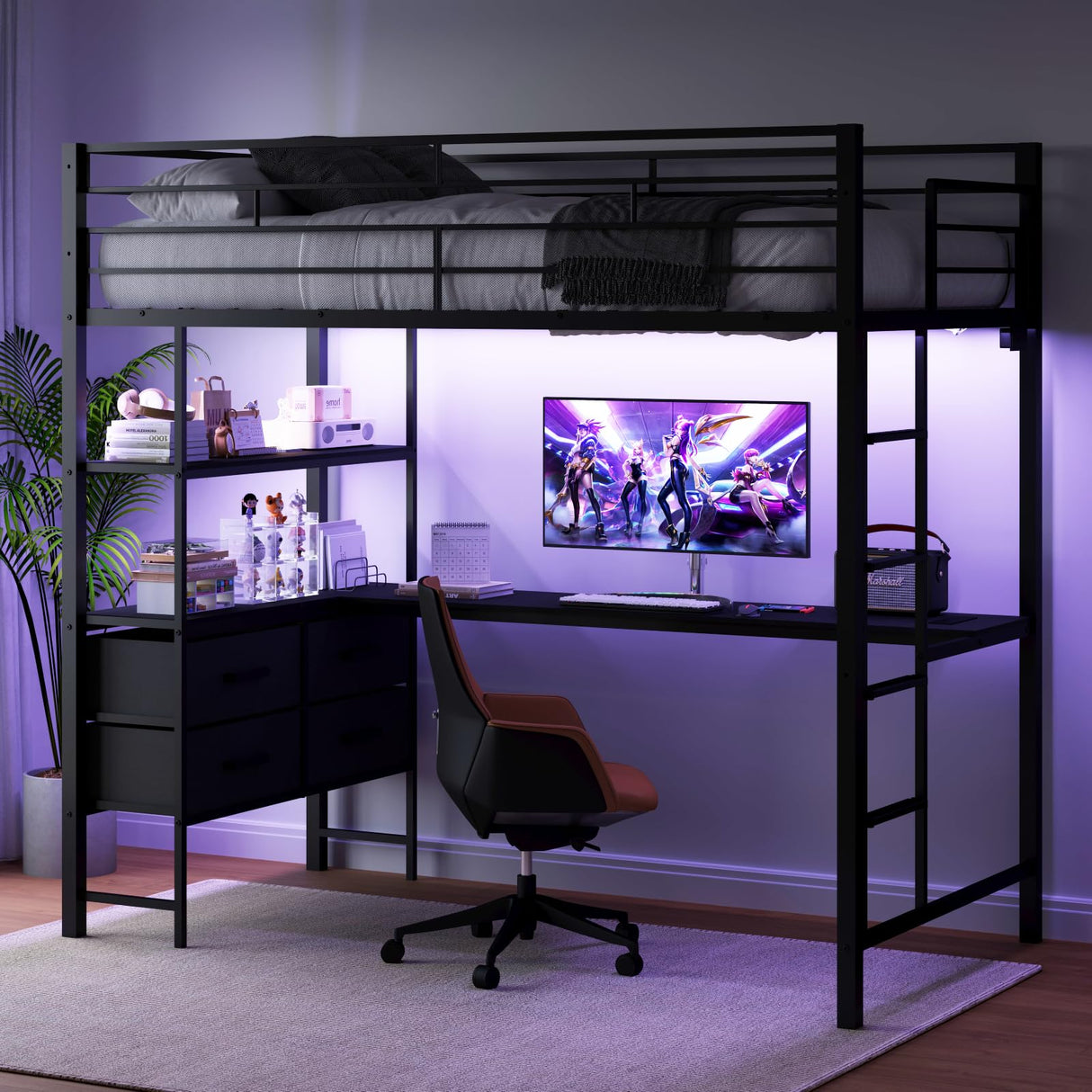VINGLI Full Metal Loft Bed Frame with L-Shaped Desk, 15 Inches Guardrail, Non-Slip Ladder, 2 Charging Stations, Storage Shelves/4 Drawers/LED Lights, for Kids Teens Adults, No Box Spring Needed, Black VINGLI