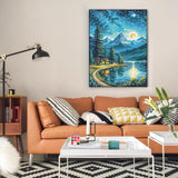Offito Mountains Moon Lake Diamond Art Kits for Adults, Lakeside Villages Diamond Painting Kits for Beginners, Starry Sky Landscape DIY Full Drill Dots Gem Art Paint for Home Wall Decor 12 x 16 Inch Offito