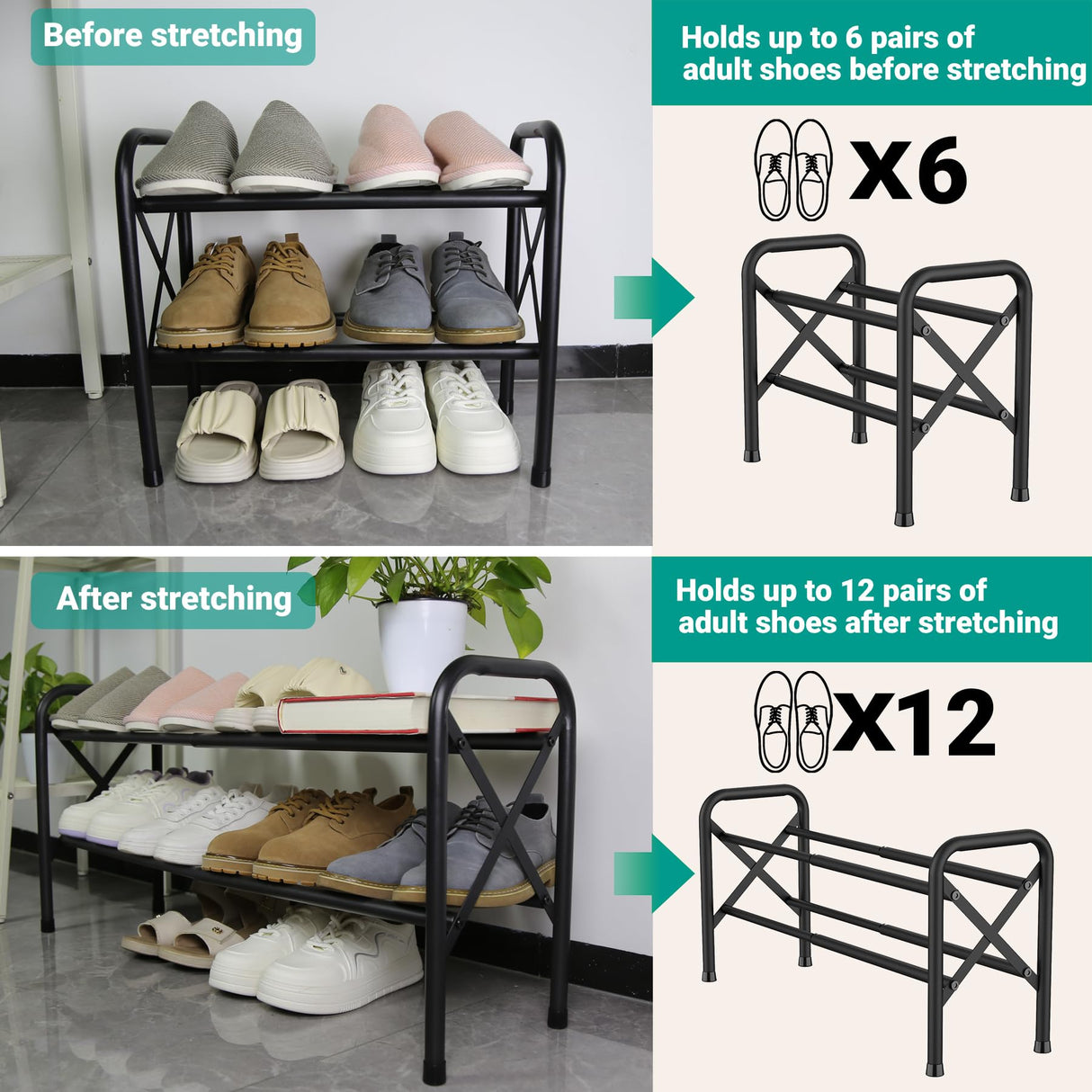 YEASHEIN 2-Tier Expandable Shoe Rack for Closet, Adjustable Shoe Organizer Metal Shoe Shelf for Entryway, Garage & Corridor, Free Standing Shoe Holders, Easy to Assemble YEASHEIN