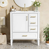 Sailret 30 Inch White Bathroom Vanity with Ceramic Sink, Soft Close Door, Adjustable U-Shaped Shelf, Drawer & Door Organizer, Modern Solid Wood Cabinet for Bathroom Storage Sailret