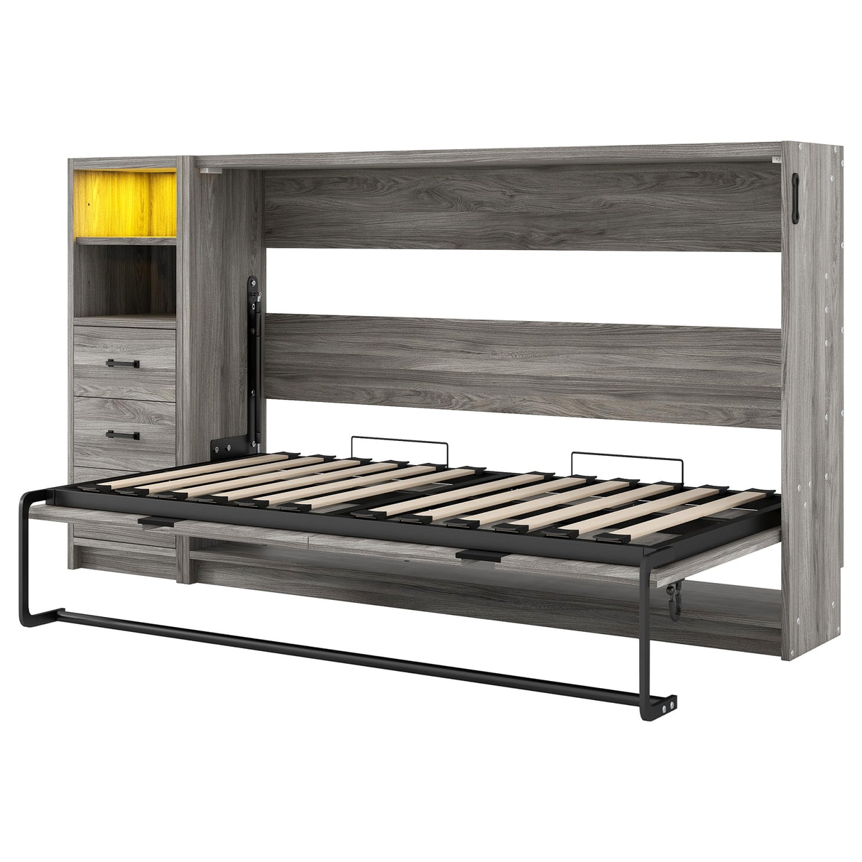 FAVSH Twin Size Murphy Bed with 3 Drawers and LED Light, Wooden Wall Beds can be Folded into a Cabinet,Space-Saving Hidden-Bed,Grey FAVSH