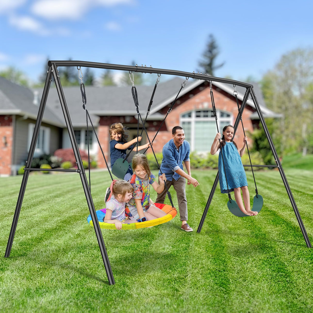 Hapfan 500lb Heavy Duty Metal Swing Sets for Backyard with Saucer Swing, Kids Triple Outdoor Swingset, Easy to Assemble Hapfan