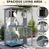 LEMBERI 71" Cat House Outdoor Catio Cat Enclosures on Wheels, Large Outside Patio Wooden Cat Cage Resting Box,Scratching Post, Waterproof Roof (Gray) LEMBERI