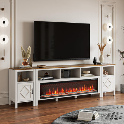 BVIUNTWO Fireplace TV Stand for TVs Up to 110 Inch,Farmhouse Entertainment Center with 60" Electric Fireplace,White TV Console with Storage Cabinets for Living Room,Bedroom