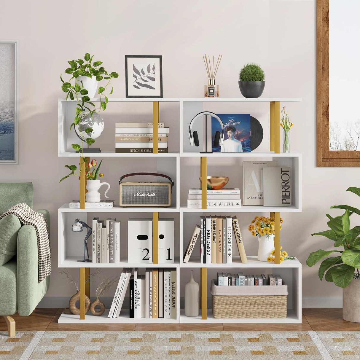 Yusong Geometric Bookcase, S Shaped Bookshelf 4-Tier Book Shelves for Bedroom, Modern Wood Decorative Display Shelf Tall Book Case for Home Office, Gold and White Yusong