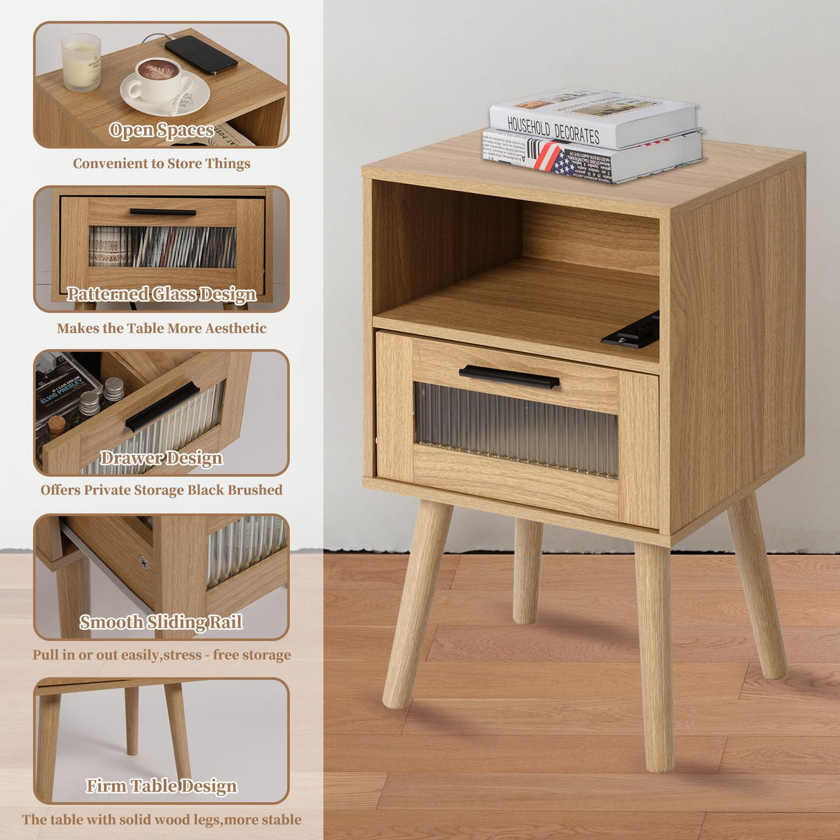 23inch Nightstand with Charging Station,2 AC outlets and 2 USB Ports, Mid Century Modern Nightstand, Bedside Tables for Bedroom, Natural Wood Side Table with Storage Drawer(Wood-1PCS) i-VTIES