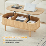 Fluted Lift Top Coffee Table with Hidden Compartment, Fully Assembled Wooden Center Table, Modern Oval Lift Tabletop for Home Living Room Office, Natural ORRD
