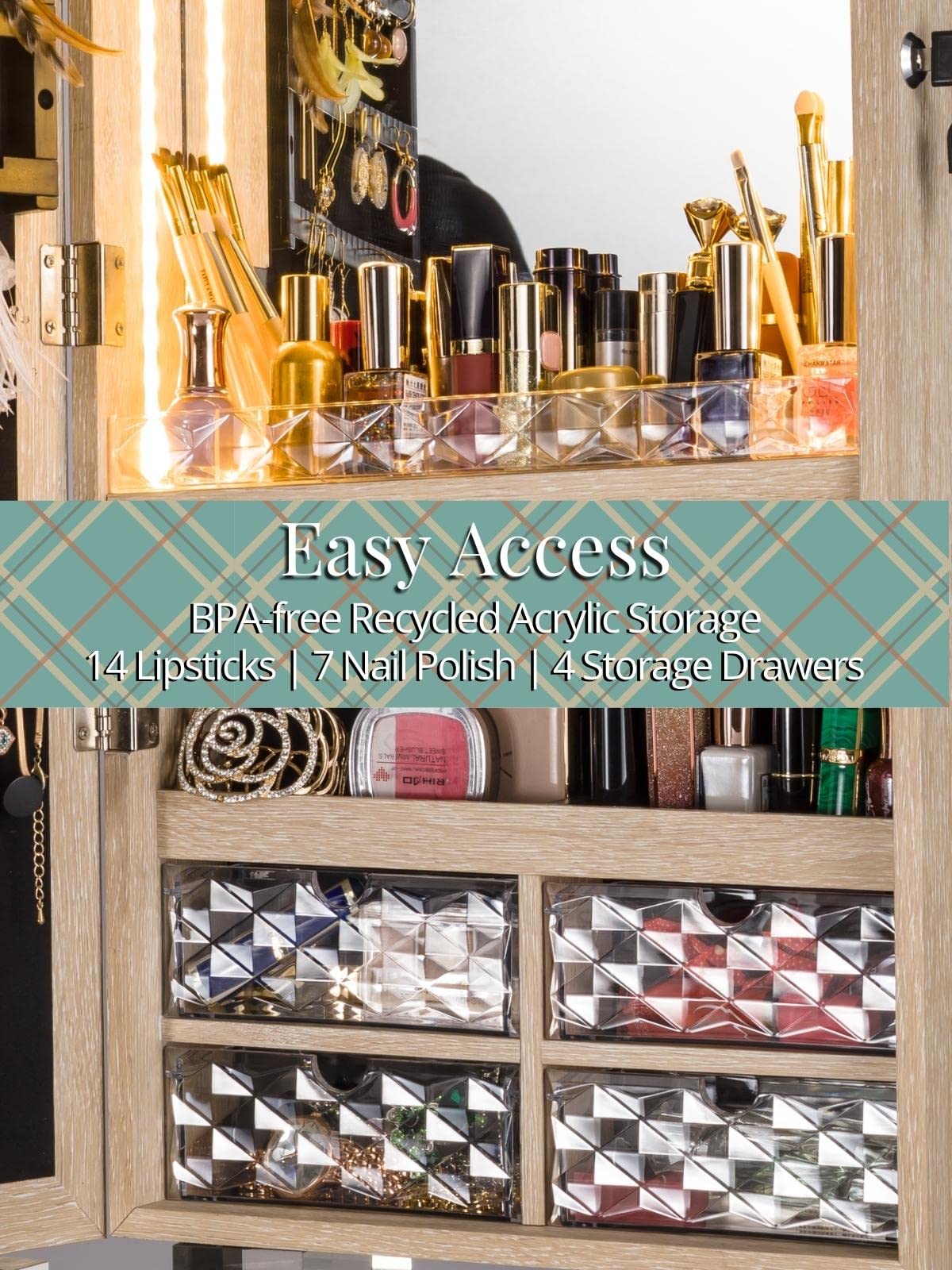 LUXFURNI LED Light Jewelry Cabinet Armoire, Standing Mirror Makeup Lockable Large Storage Organizer w/Drawers (Natural) LUXFURNI