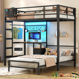DICTAC Bunk Bed with Desk,Led Lights and Charging Station Metal L-Shaped Twin Over Twin Bunk Beds with Storage Drawers and Shelves, Loft Bed with Safety Guardrail and Ladder for Kids and Teen,Black DICTAC