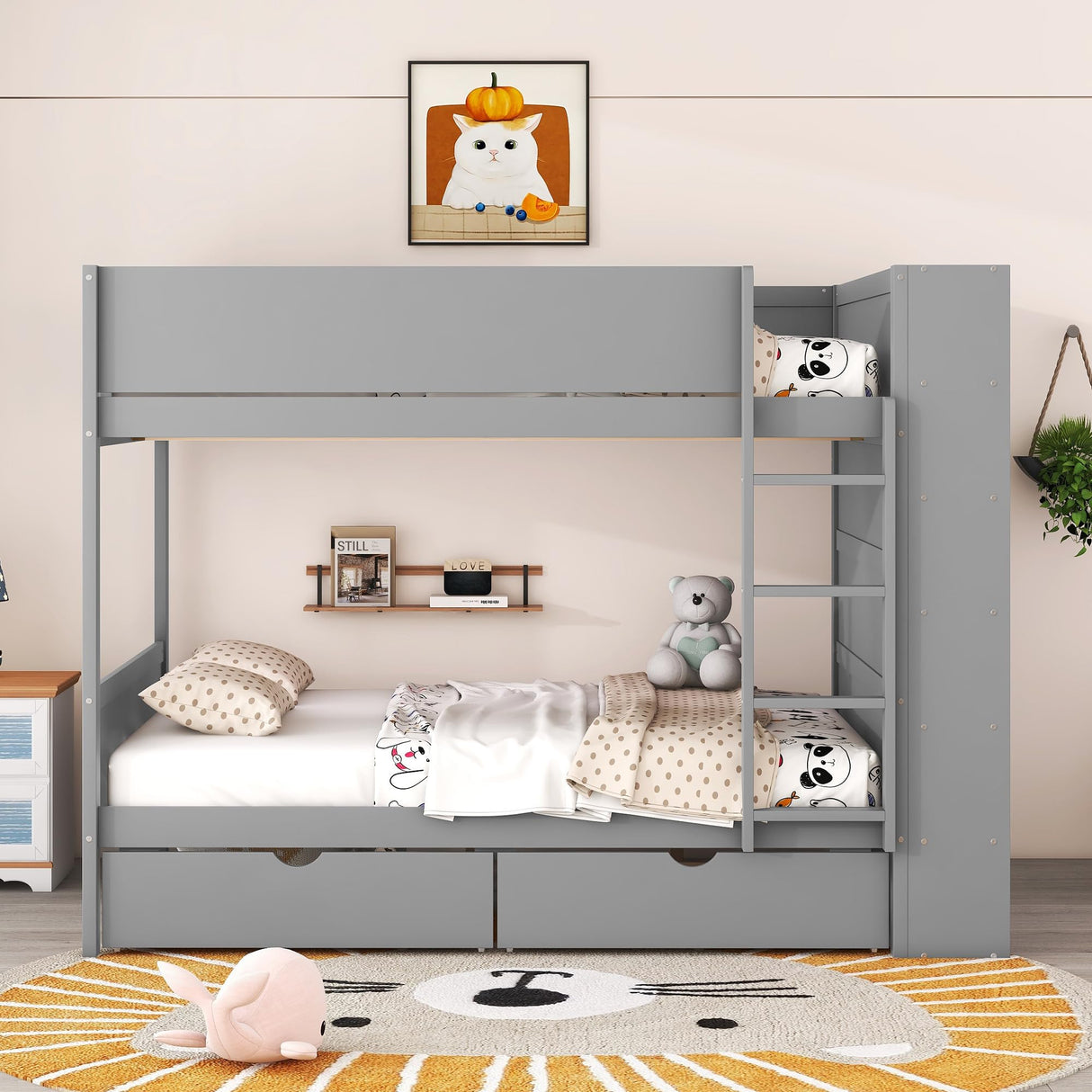 Harper & Bright Designs Grey Full Over Full Bunk Bed with Storage & Bookshelf Harper & Bright Designs