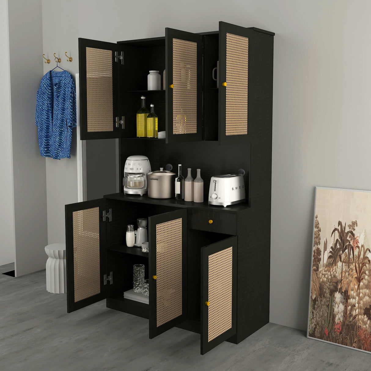 Modern Black Rattan Freestanding Kitchen Pantry Cabinet with 6 Doors & Drawer wirrytor