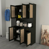 Modern Black Rattan Freestanding Kitchen Pantry Cabinet with 6 Doors & Drawer wirrytor