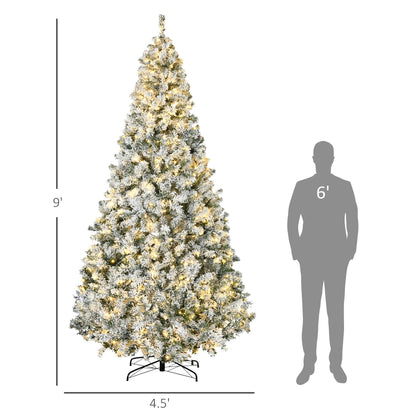 HOMCOM 9ft Tall Prelit Artificial Christmas Tree Holiday Décor with 1868 Snow Flocked Branches, 600 Warm White LED Lights, Auto Open, Green