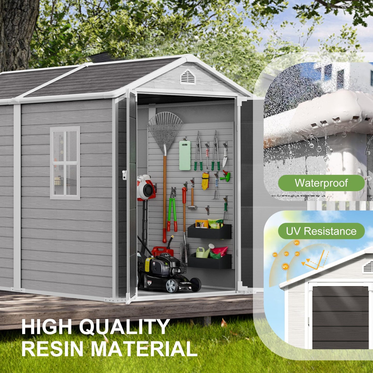 SELLERWE 8x6 FT Outdoor Storage Shed, Waterproof Thicker Resin Shed with Floor & Lockable Door & Window & Vents, Plastic Tool Shed for Backyard, Patio, Poolside, Lawn, All Weather Use, Dove G - WoodArtSupply