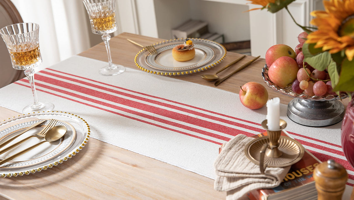 Christmas Table Runner 13 x 72 Inch for Dining Table, Boho décor Coffee Table Runner with Handcrafted Tassels, red and Beige Stripe Table Runner for Holiday, Winter Caflife