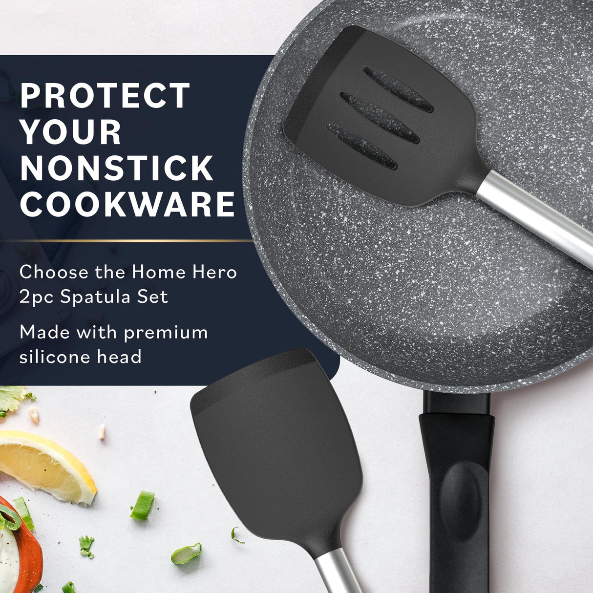 Home Hero Silicone Spatula Set with Ergonomic Handles - Stainless Steel High Heat Resistant Solid & Slotted Turner, BPA Free Non Stick Kitchen Utensils Set - Rubber Spatula (2 Pcs - Black) Home Hero