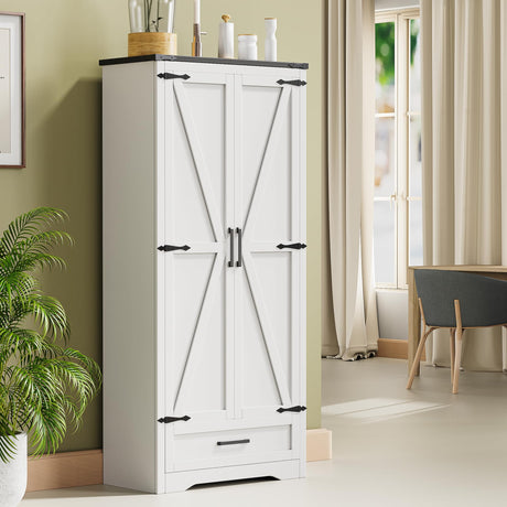 72" Tall Farmhouse Kitchen Pantry with Drawer and 4 Shelves, Large Wood Kitchen Storage Cabinets with 2 Barn Doors & Drawer, Versatile Storage for Dining Room, Bathroom, Antique White Brelley