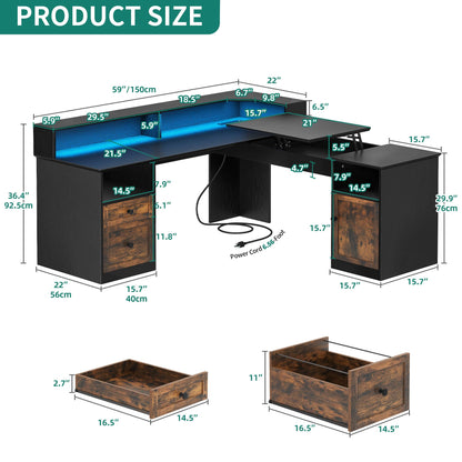 YITAHOME L Shaped Standing Desk with Power Outlets & LED Lights, 60" Computer Desk with Drawers & Lift Top, Corner Desk Office Desk with Monitor Stand, Wood Height Adjustable Desk, Black & Brown