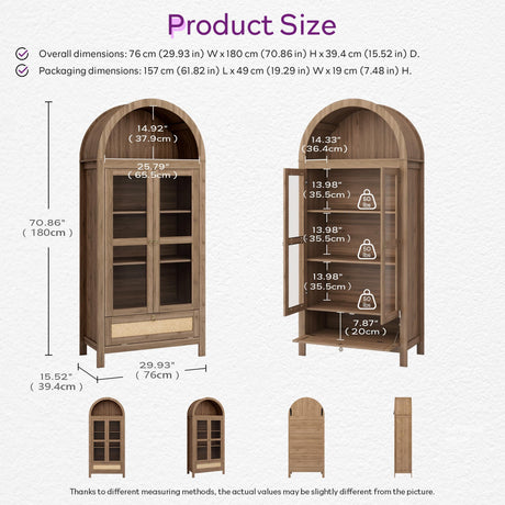 TYBOATLE 71" Tall Arched Pantry Cabinet with Innovative Drawer, Kitchen Cabinet with Anti-Tipping Device and Glass Door, Versatile Cupboard for Kitchen, Dining, Natrual TYBOATLE
